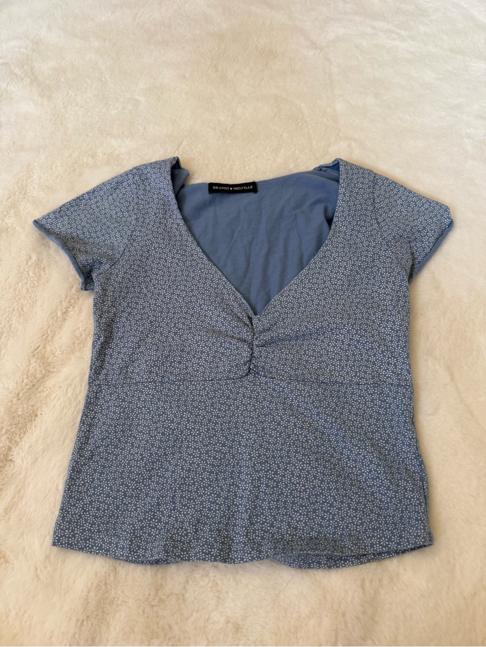 Brandy Melville Light Blue Tiny Floral V-Neck Short Sleeve Top